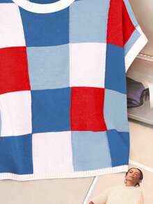 大码女式彩色格子圆领休闲阿兰针织套头衫