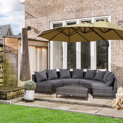  Outsunny 5 Pieces Rattan Garden Furniture Set, 4 Seater Half-Round Garden Sofa Set With Thickened Cushions, Wicker Conservatory Furniture With 4 Chairs, Rattan Coffee Table And Pillows, Grey