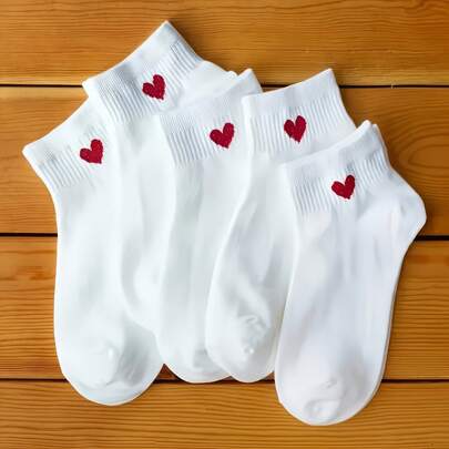 5 pares de calcetines cortos blancos, aptos para hombres y mujeres, con bordado de corazón rojo en la abertura del calcetín, adecuados para ir al trabajo, citas, viajes o uso diario