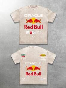 Red Bull Racing Vintage Washed High-Quality Pure Cotton Double-Sided Printed T-Shirt, Men's T-Shirt, Summer Old Wear, Off-The-Shoulder Sleeves, Round-Neck Top, Short Sleeves - 杏色 - 查看 1