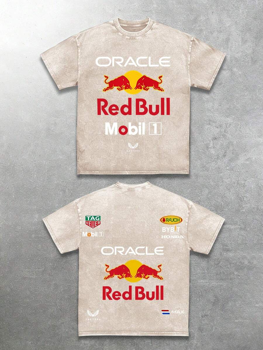 Red Bull Racing Vintage Washed High-Quality Pure Cotton Double-Sided Printed T-Shirt, Men's T-Shirt, Summer Old Wear, Off-The-Shoulder Sleeves, Round-Neck Top, Short Sleeves - 杏色 - 查看 1
