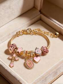 ROMWE Kawaii 1件装女士可调节日常手链，饰有金色水钻、粉色豹纹、十字架、圣心、花朵和棒棒糖珠子 - 粉紅色聖母十字架 - 查看 4