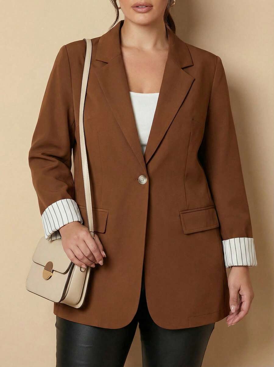 Whisplicity 大码女式休闲/工作袖口条纹撞色单扣长袖西装外套