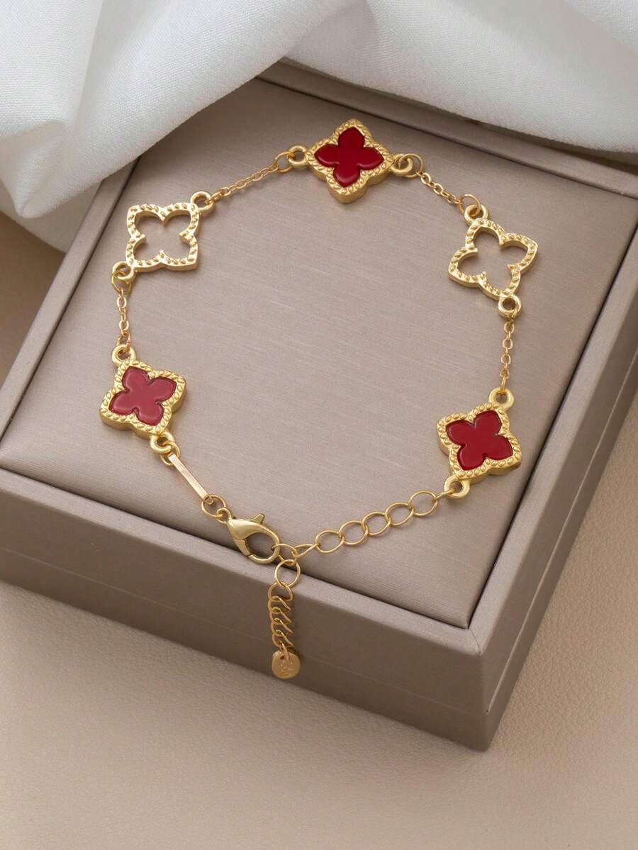 1pc Hollow 4-Leaf Clover Bracelet, Sweet & Cute Design, Suitable For Girls (No Gift Box) - Red - View 1