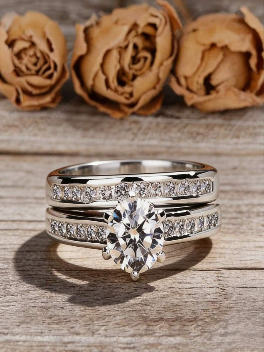 2pcs/Set Women's Synthetic Zirconia Cubic Wedding Rings Suitable For Wedding, Anniversary, Valentine's Gift, Birthday, Year-Round Wearable Jewelry(No Box) - Ring - View 1