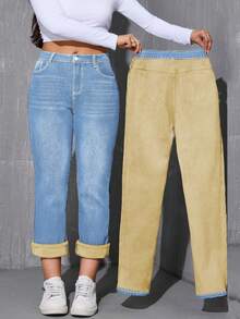 Women's Plus Size Thermal Lined Straight Pants - Mid-Rise Winter Warmth & Everyday Style - Light Wash - View 6