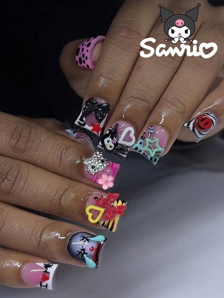 SANRIO 24片短方形3D凝胶豹纹法式美甲贴纸，饰有可爱的小丑、泪滴、蝴蝶结、花朵、爱心和星星图案，抽象哥特艺术风格，完美适用于假指甲，包含1瓶胶水和1个指甲锉，适合女性和女孩日常、派对和聚会使用。 - 查看 1