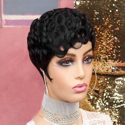 Black Pixie Cut Wig For With Bangs Short Pixie Curly Layered Curled Natural Wavy  Short Curly Layered Pixie Wig For Women Color