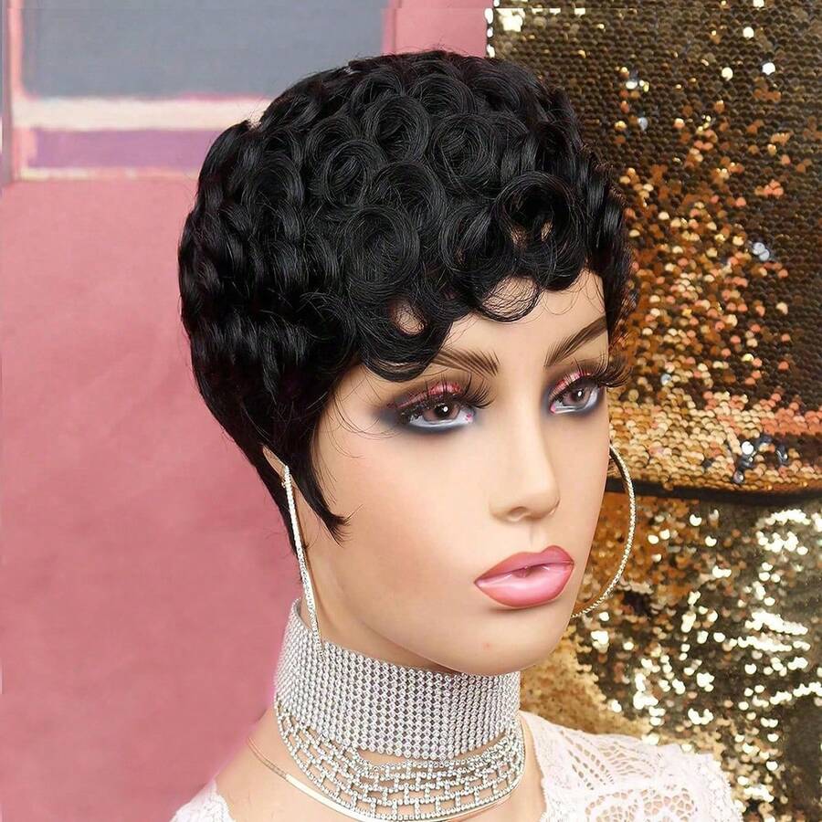 Black Pixie Cut Wig For With Bangs Short Pixie Curly Layered Curled Natural Wavy  Short Curly Layered Pixie Wig For Women Color - màu đen - Xem 1