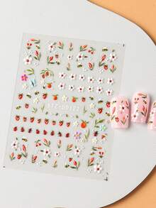 2张春季可爱蜜蜂、瓢虫、花朵美甲贴纸，5D立体迷你动物，草莓花瓣美甲贴花，DIY美甲用品，婚礼美甲装饰 - 彩色 - 查看 6