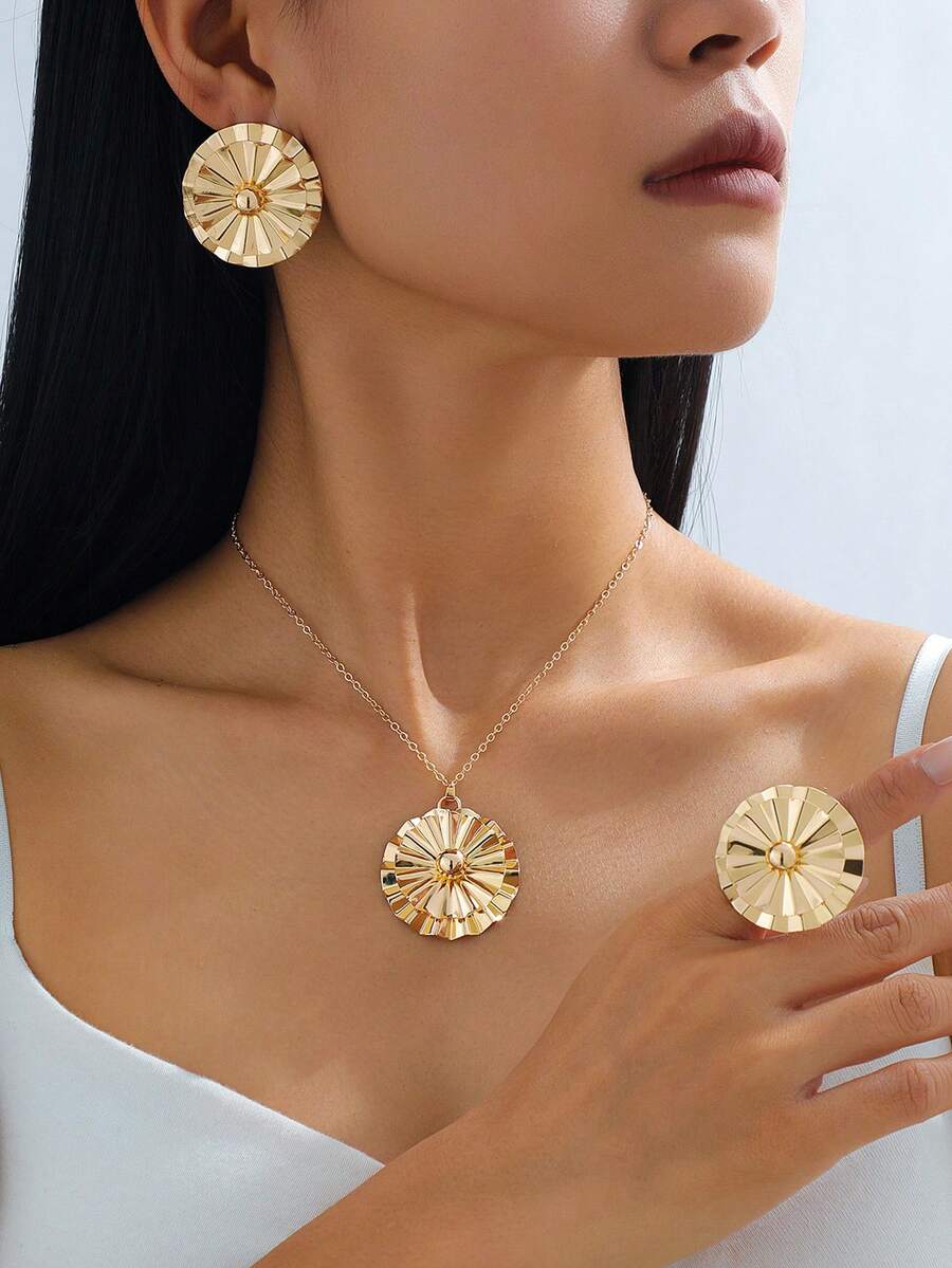 1 Set de joyería para mujer que incluye 1 par de collar colgante geométrico con textura dorada creativa, 1 par de aretes, 1 anillo - Amarillo Oro - Ver 1