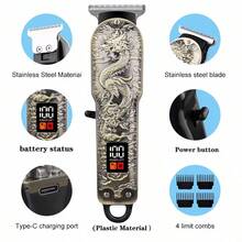 Vintage Transparent Body Men's Hair Clipper | Professional Electric Trimmer With LCD Screen - Hair Cutting & Beard Trimming  Wireless USB Charging  Ideal Valentine's Day Gift For Husband & Dad, Ergonomic Design, Wireless Efficient, Suitable For Beard, Sideburns And Full Body Grooming, Portable Lightweight Electric Shaver, Men's Wireless Trimmer, Precise Hair And Beard Cutting (Yellow/Green/Red/Black/Silver) - 黑銀色 - 查看 3