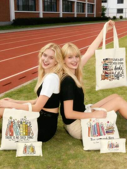 Set de 2 piezas Bolso de lona beige y estuche con cremallera, con estampado floral y de libros, organizador de viaje multifuncional y portátil, adecuado para volver a la escuela, graduación, viajes, cumpleaños, regalo del Día del Maestro