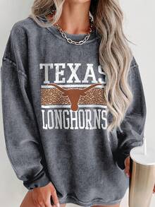 Valentine Outfits For Women, Texas Longhorns Graphic Oversized Sweatshirt, Casual Streetwear, Fall/Winter Fashion, Essentials Hoodie - Màu xám đen - Xem 1