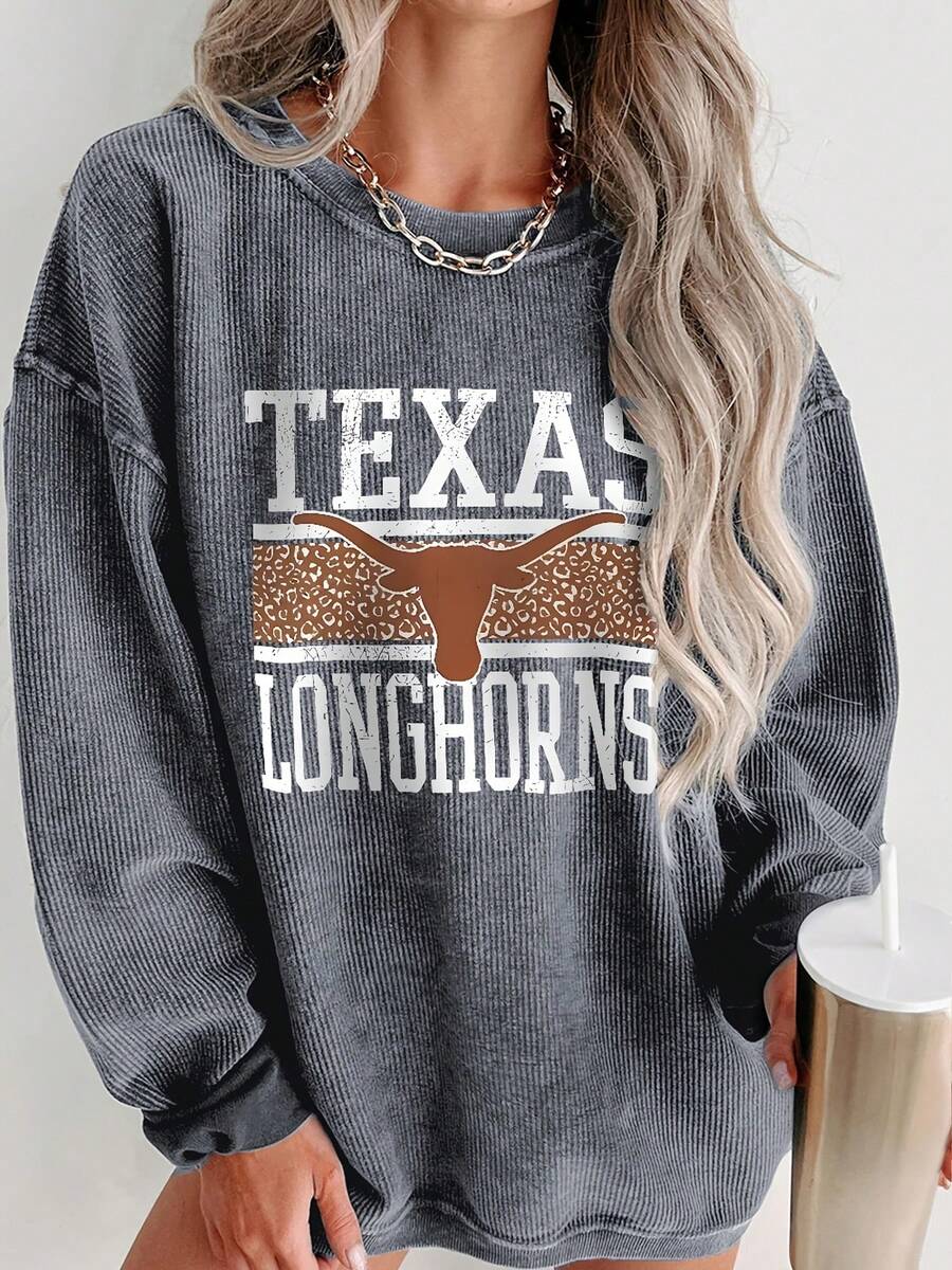 Valentine Outfits For Women, Texas Longhorns Graphic Oversized Sweatshirt, Casual Streetwear, Fall/Winter Fashion, Essentials Hoodie - Màu xám đen - Xem 1