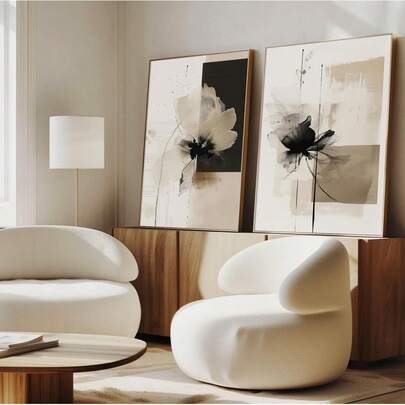 1 pieza/2 piezas Póster de arte de pared floral minimalista moderno sin marco en beige y negro, pintura en lienzo de estilo bohemio, decoración de pared de moda para sala de estar, dormitorio, oficina en casa, dormitorio, diseño de fondo de pared