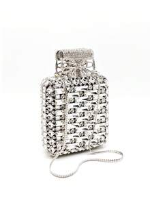 Women's Sparkly Silver Bow Design Rhinestone Clutch Purse Perfume Bottle Shaped Crystal Evening Bag For Wedding Cocktail Party - Silver - View 2