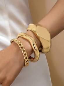3 Stücke/1 Set minimalistisches geometrisches asymmetrisches Tropfen-Design Armreif Set mit dicker Textur in Goldton, geeignet für Frauen, massiv und glatt aus Metall & Zinklegierung - Goldgelb - Übersicht 1