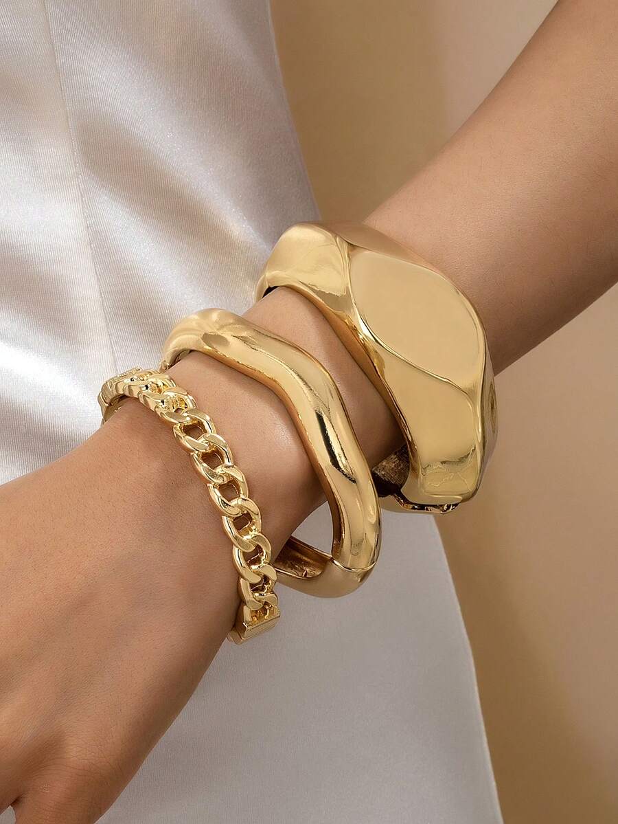 3 Stücke/1 Set minimalistisches geometrisches asymmetrisches Tropfen-Design Armreif Set mit dicker Textur in Goldton, geeignet für Frauen, massiv und glatt aus Metall & Zinklegierung - Goldgelb - Übersicht 1