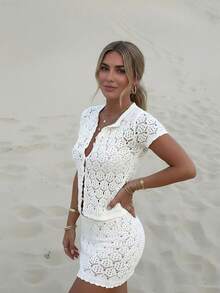 2pcs/Set Women's Crochet Hollow Out Sexy Sleeveless Knit Cardigan + Shorts, Summer Vacation Outfit - Women's 2pcs Vacation Set, Crochet Hollow Out Club Sexy Fitted Suit - White - View 3