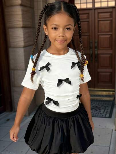 Toddler Girls' Cartoon Print Short Sleeve Top And Skirt Set