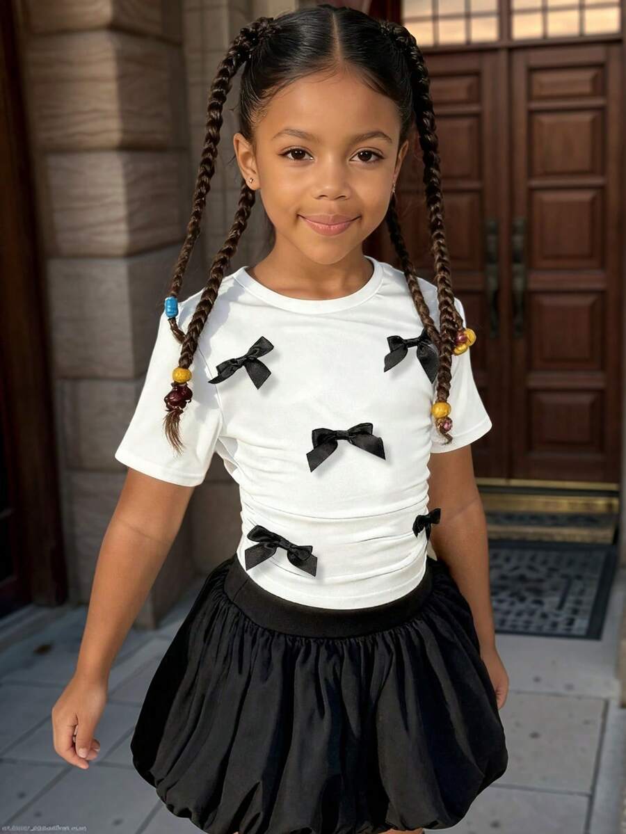 Toddler Girls' Cartoon Print Short Sleeve Top And Skirt Set - White - View 1