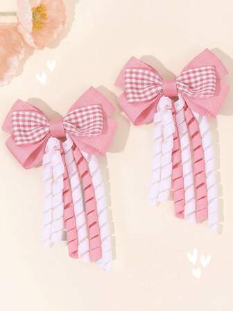 2 st. rosa ginghamhårrosetter för flickor, korkskruvshårspännen med lockigt band, boutique-rutiga grosgrain-hårspännen, söta koketthåraccessoarer för flickor, födelsedagsfest, alla hjärtans dag-present
