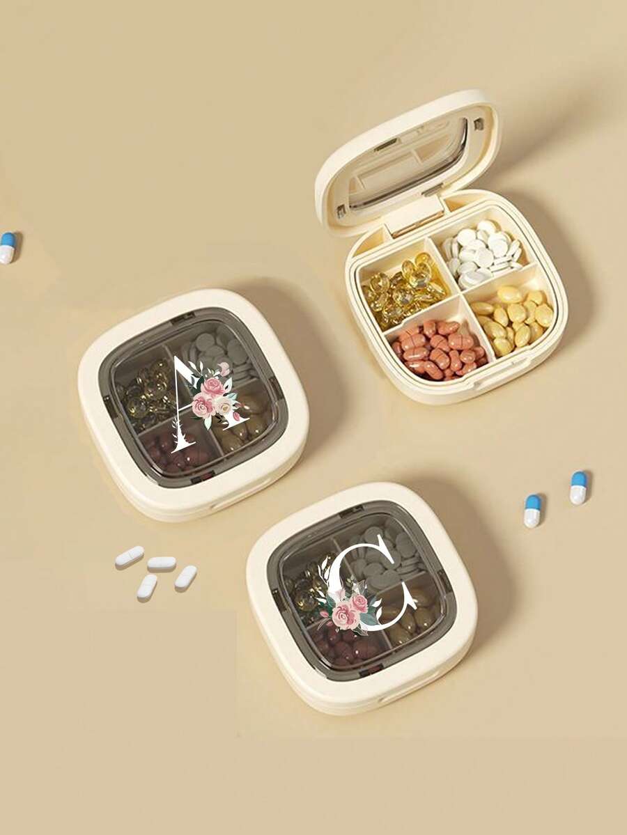 Square Four Compartment Medicine Storage Box - Flower Printed Initial A-Z Daily Pill Vitamin Capsule Storage, Storing Exquisite Small Jewelry And Travel Items, Portable Medicine Box, Medicine Packaging And Storage Box, Portable Mini Compartment, Three Meals A Day, Sealed Pill Packaging, Medicine Box, Suitable For Giving To The Elderly, Patients, Medical Staff - Multicolor - View 1