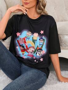 CRAYON SHINCHAN 1pc Women's Crayon Shin-Chan Milk Silk Soft & Skin-Friendly Minimalist Cartoon Print Pullover Sweatshirt, Spring/Summer Short Sleeve - Black - View 1