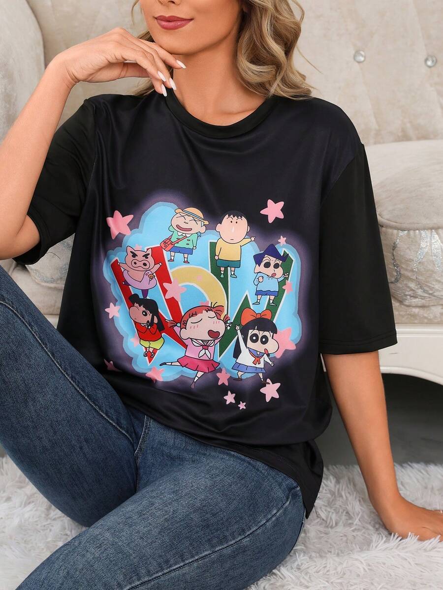 CRAYON SHINCHAN 1pc Women's Crayon Shin-Chan Milk Silk Soft & Skin-Friendly Minimalist Cartoon Print Pullover Sweatshirt, Spring/Summer Short Sleeve - Black - View 1