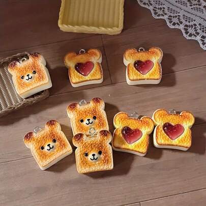 4/8pcs Cute Cartoon Food Resin Pendant, Bear Toast Bread Design, Heart Jam Toast Bread Design - Suitable For DIY Jewelry Making Earrings Pendant Necklace Keychain Decoration Accessories - Random Mix