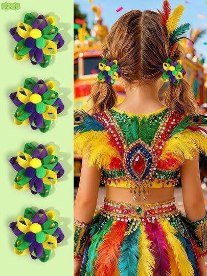 2pcs Mardi Gras Colorful Fabric Flowers Hair Clips,Hair Balls Accessories Hairpins,Fashion Hair Barrettes For Girls Kids Brazil Carnival Party Favors