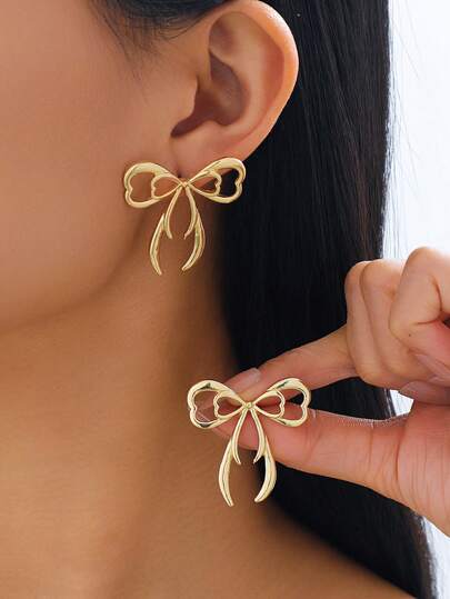 1 Pair Delicate Heart-Shaped Bow Stud Earrings For Women, Romantic Valentine's Day Gift (No Gift Box)