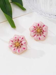 1 Pair Handmade Elegant Sweet Gradient Tie Dye Pink Flower Stud Earrings, Summer Holiday Style - Pink - View 4
