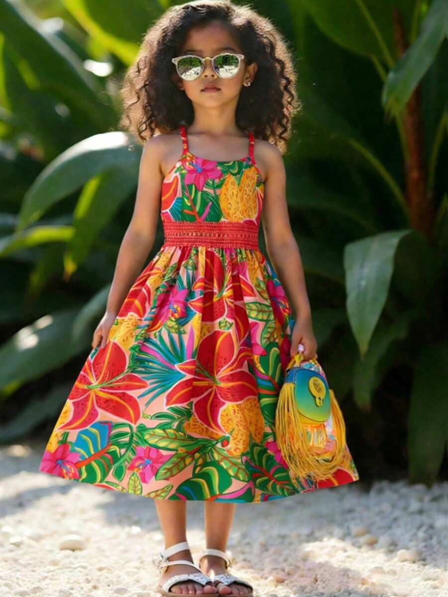 Young Girl Tropical Print Cami Lace Splice Dress, Casual & Fashionable For Everyday & Outdoor Wear, Summer - Multicolor - View 1