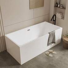 67 Inch Acrylic Freestanding Bathtub - Modern Rectangular Soaking Tub, Glossy White Finish, Chrome Linear Overflow & Drain Kit, CUPC Certified - 67英吋 - 查看 4