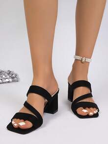 女士夏季新款粗跟透气防滑露趾高跟凉鞋，优雅舒适百搭女士连衣裙凉鞋 - 黑色 - 查看 3