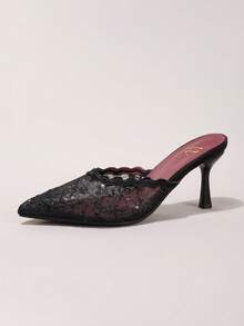 Giày cao gót hở gót ren thêu thời trang, giày dự tiệc mũi nhọn gợi cảm, sandal cao gót màu đen thoáng khí dễ xỏ. - màu đen - Xem 16