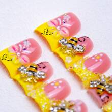 Premium Y2K Handmade 3D Carved Butterfly, Bee French Tip Press On Nails, Butter Yellow Sugar Frosted Rhinestones, Metal Charm Nail Art Set Summer Easter - Nhiều - Xem 3