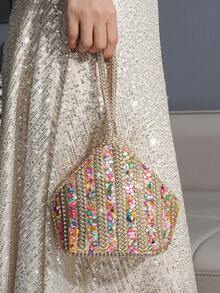 Women's Rhinestone Decorated Clutch Bag, Unique Shape Evening Bag For Gala, Party, Formal Occasions, Matching Formal Dress - Champagne - View 2