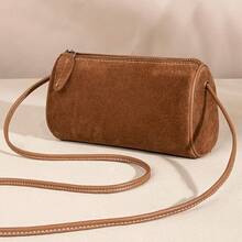 Vintage Mini Crossbody Bag For Women – Matte Suede PU Barrel Shoulder Bag, Minimalist Retro Small Handbag For Daily Use, Shopping & Casual Outings - 棕色 - 查看 8