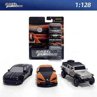 Jada Fast & Furious Nano Rides 1/128 Scale Nano Cars, Diecast Model Car, Collectible Toys, Made Of Metal For Fans And Collectors, 3-Car Set (2020 Dodge Charger SRT + Supra + Gladiator)