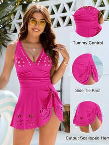 Womens Swim Dress One Piece Tummy Control Swimsuits Slimming Full Coverage Bathing Suit - 玫紅色 - 查看 2