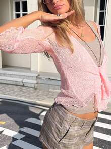 Women's New Pink Open Collar Front Tie Drop Shoulder Three-Quarter Sleeve Semi-Sheer Cover-Up, Fashionable Casual Elegant Delicate Vacation Romantic Date Valentine's Day Spring Cardigan, Spring And Summer - Pink - View 3