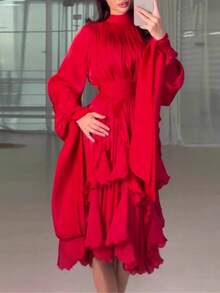 Vestidos Elegantes De Mujer,Women's Elegant And Stylish Ruffled Fitted Dress - Đỏ - Xem 3