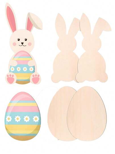 11" X 6" Wooden Rabbit Shaped Decor & 9.8" X 7.1" Unfinished Wooden Egg Shaped Tags, Easter Rabbit & Egg Shaped Decorations, Spring Home Party Decor Crafts
