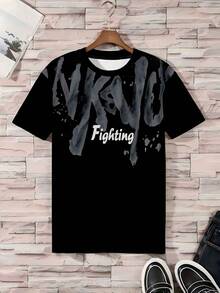 Grey Unique Stripe & Letter Print Casual T-Shirt, Street-Style Outdoor Sports Workout Tops For Men, Breathable & Quick Drying