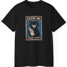 Funny Black Cat Show Me Your Titos Vodka Drinking Shirt - Retro Vintage Distressed Alcohol Lover Te - 黑色 - 查看 1