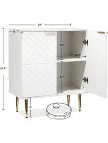 Gabinete de almacenamiento de 2 niveles con patas de metal, gabinete de acento moderno blanco con 2 puertas decorativas de patrón en relieve, gabinete de buffet de aparador para cocina, comedor, sala de estar - Blanco - Ver 2
