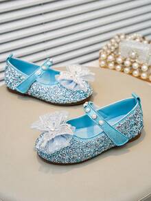 1 Pair Girls' Glitter Flat Shoes, Made Of Shiny PU Material, Inlaid With Rhinestones And Pearl Bow, Closed Toe Design, Suitable For Party, Dancing And Daily Occasions - Blue - View 4
